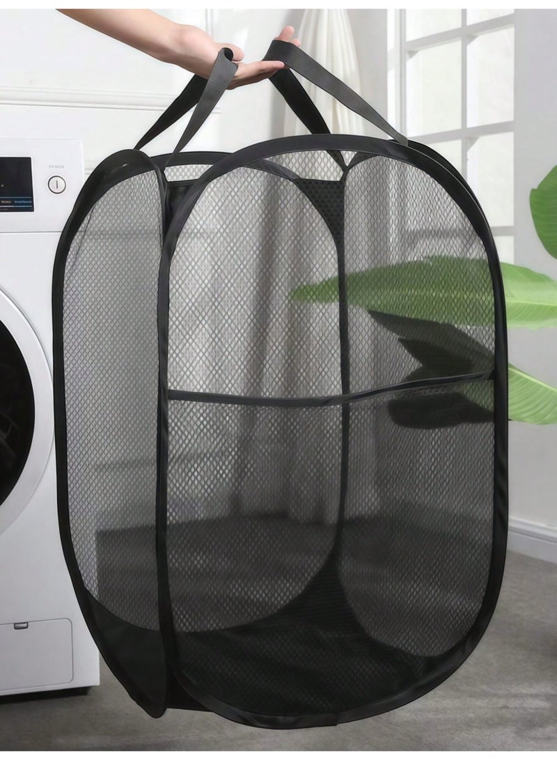 سلة غسيل قابلة للطي من الشبك الأسود بمقابض – سلة ملابس متينة وقابلة للطي بتصميم واسع مع قماش قابل للتنفس وإطار قوي – مثالية لغرفة النوم، الحمام، والسكن الطلابي – هدية مثالية لعيد الفصح، الهالوين وعيد الميلاد - Image 1